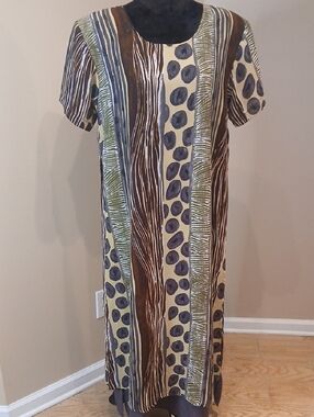 Freestyle Vertical Stripe & Dot Maxi Dress in Beige, Brown & Olive